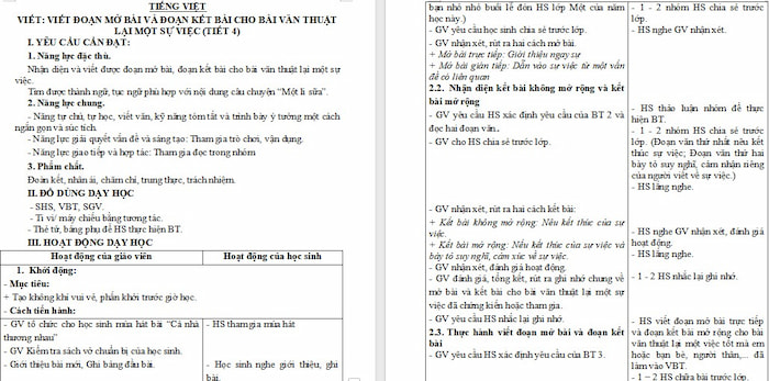 Giáo án Tiếng Việt 4 Viết đoạn mở bài và đoạn kết bài cho bài văn thuật lại một sự việc