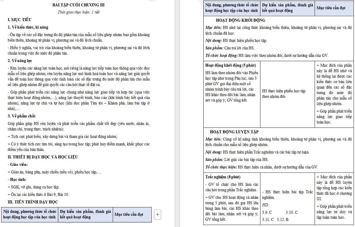 Giáo án Bài tập cuối chương III Toán 12 Kết nối tri thức