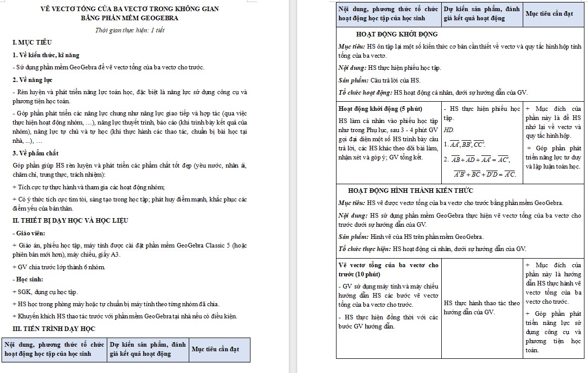Giáo án Bài Vẽ vectơ tổng của ba vectơ trong không gian bằng phần mềm GeoGebra Toán 12 Kết nối tri thức