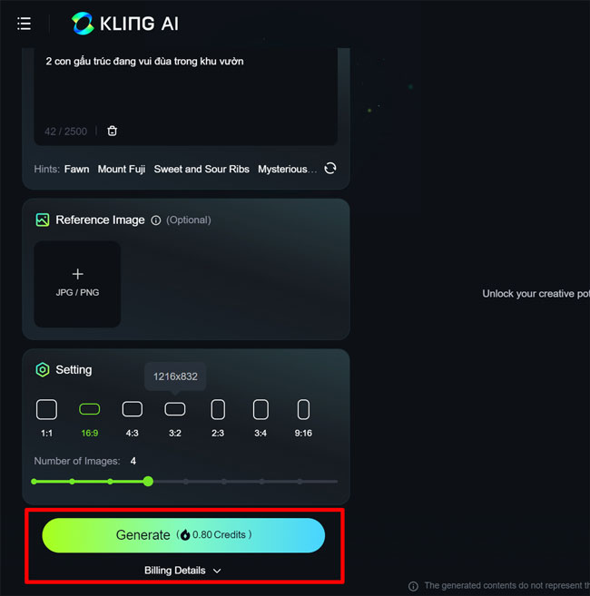 Gõ nội dung mô tả mà bạn muốn Kling AI tạo thành bức ảnh
