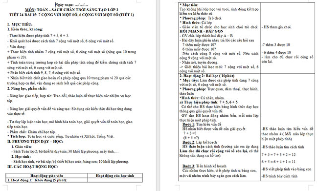 Giáo án Toán 2: 7 cộng với một số, 6 cộng với một số