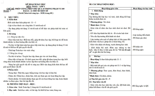 Giáo án Toán 2: 11 trừ đi một số