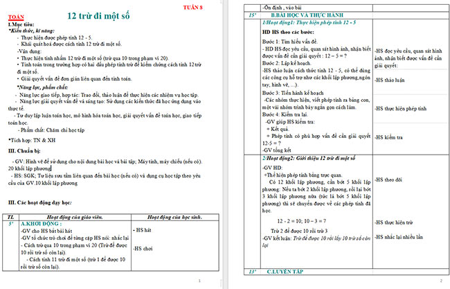 Giáo án Toán 2: 12 trừ đi một số