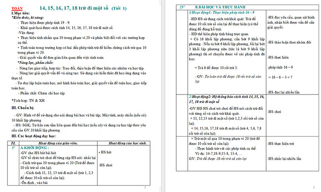 Giáo án Toán 2: 14, 15, 16, 17, 18 trừ đi một số