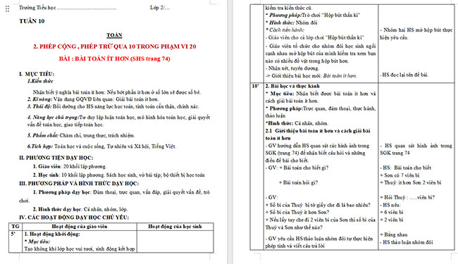 Giáo án Toán 2: Bài toán ít hơn