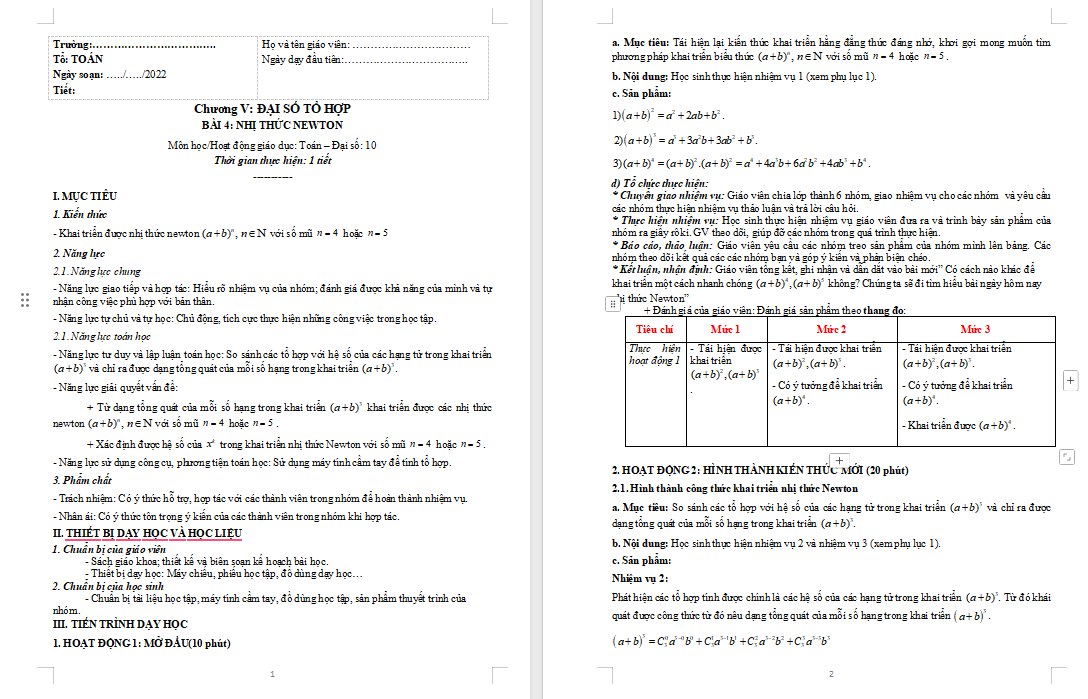 Giáo án PowerPoint Toán 10 Bài 4: Nhị thức Newton