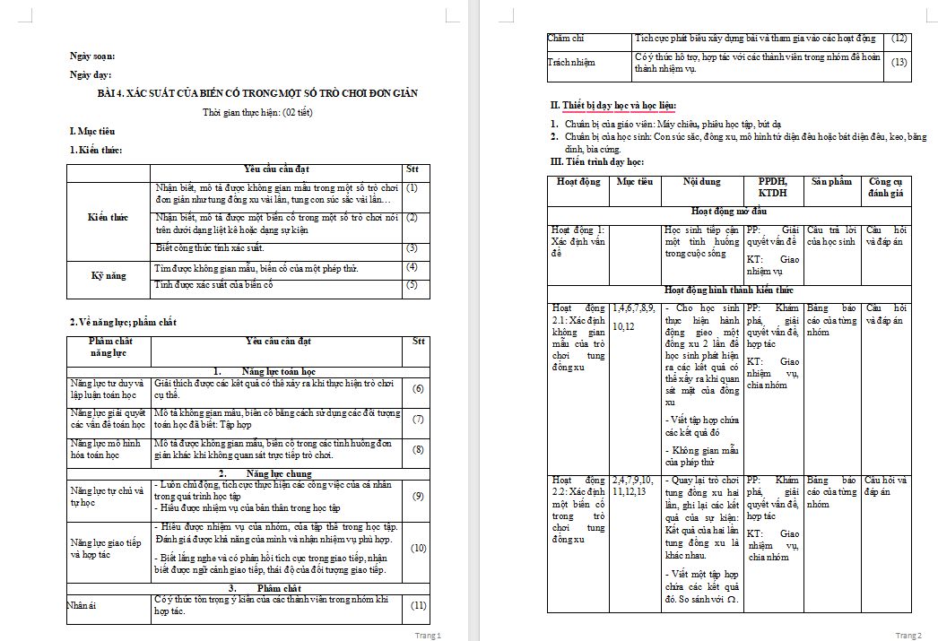 Giáo án PowerPoint Toán 10 Bài 4: Xác suất của biến cố trong một số trò chơi đơn giản