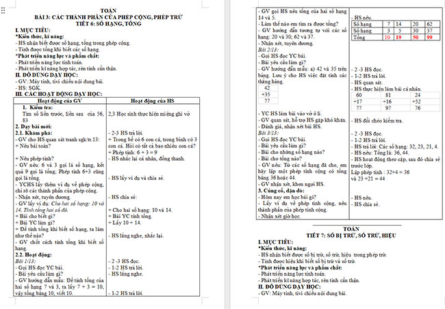 Giáo án Toán 2: Các thành phần của phép cộng, phép trừ