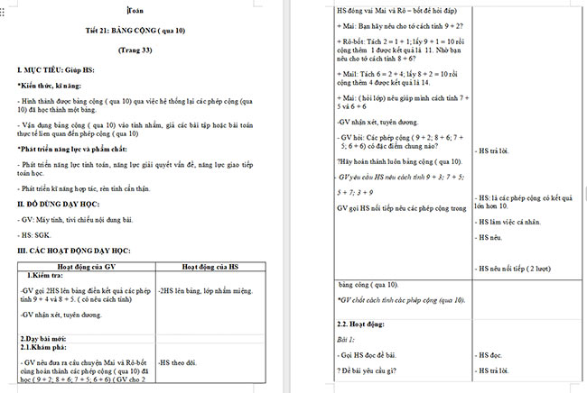 Giáo án Toán 2: Bảng cộng (qua 10)