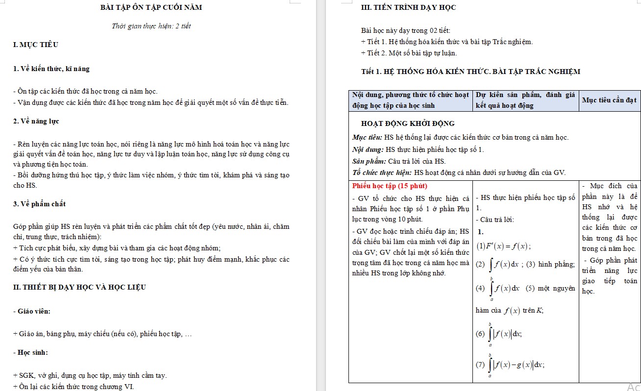 Giáo án Bài tập ôn tập cuối năm Toán 12 Kết nối tri thức