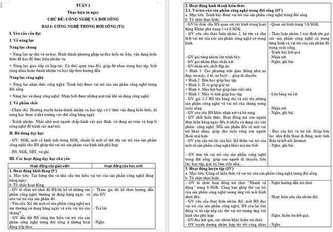 Giáo án Công nghệ 5 Công nghệ trong đời sống