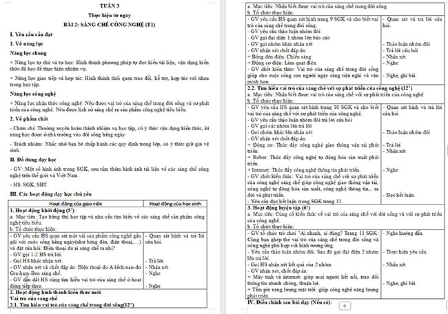 Giáo án Công nghệ 5 Sáng chế công nghệ