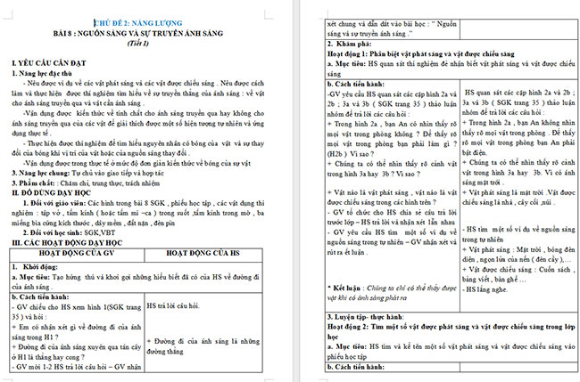 Giáo án Khoa học 4 Nguồn sáng và sự truyền ánh sáng