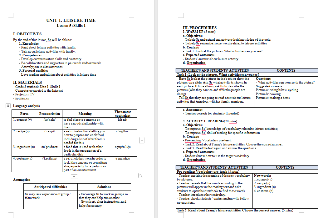 Giáo án PowerPoint Tiếng Anh 8 Unit 1: Skills 1