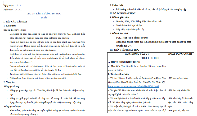 Giáo án Tiếng Việt lớp 5 Bài 18: Tấm gương tự học