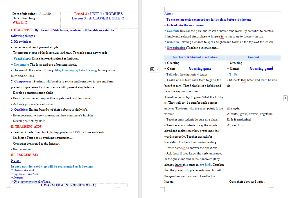 Tiếng Anh 7 Unit 1: A Closer Look 2