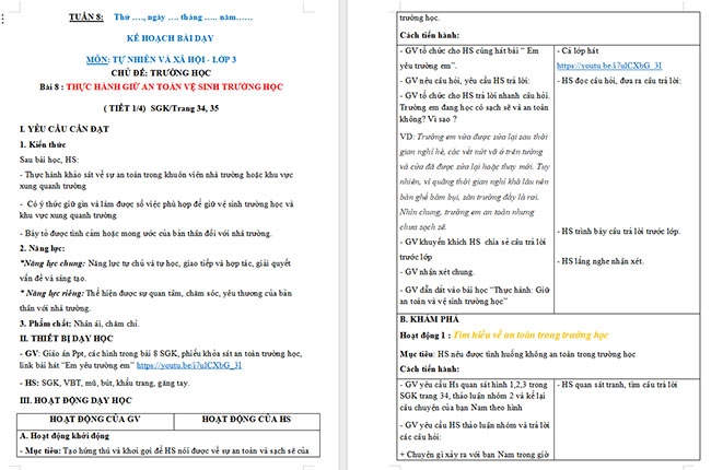 Giáo án Tự nhiên và xã hội 3 Thực hành Giữ an toàn và vệ sinh trường học