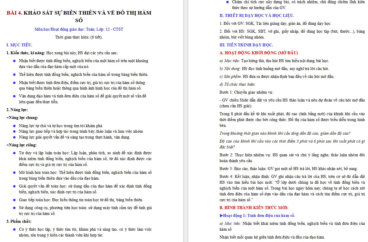 Giáo án Bài 4 Chương 1 Toán 12 Chân trời sáng tạo