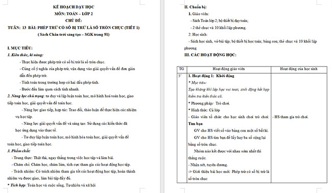 Giáo án Toán 2: Phép trừ có số bị trừ là số tròn chục