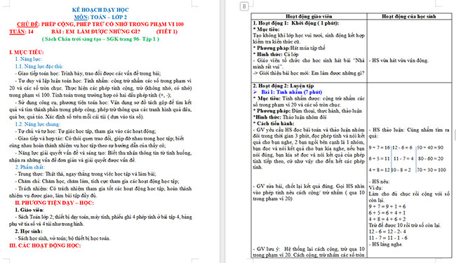 Giáo án Toán 2: Em làm được những gì trang 96