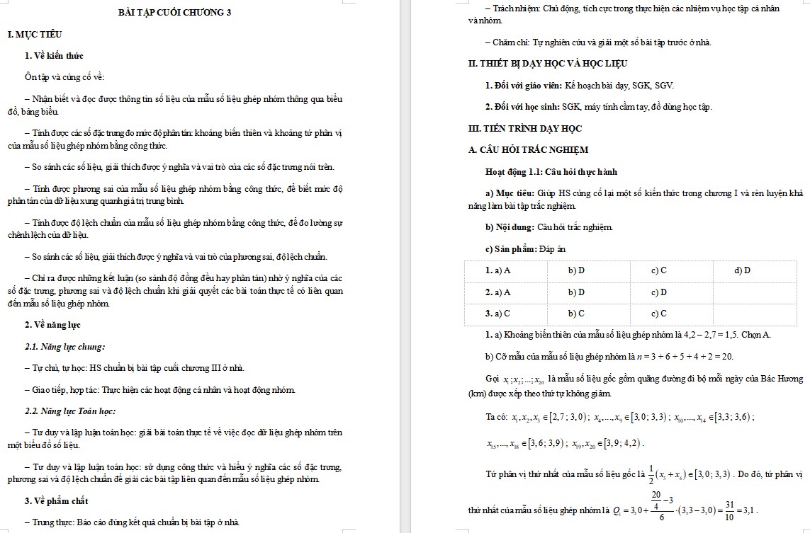 Giáo án Bài tập cuối chương III Toán 12 Chân trời sáng tạo