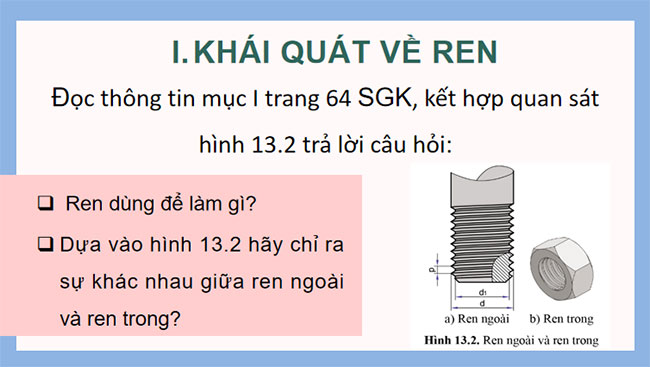 Giáo án PowerPoint Công nghệ 10 Bài 13: Biểu diễn ren