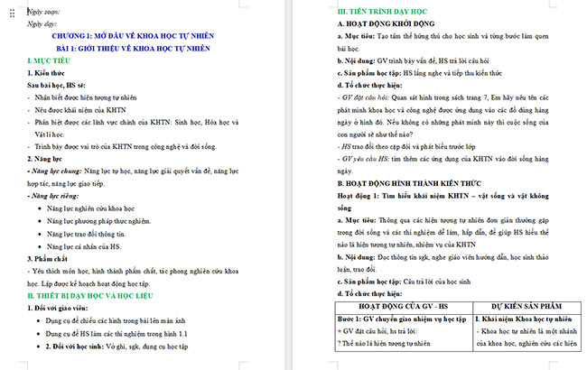 Giáo án Khoa học tự nhiên 6 Bài 1: Giới thiệu về Khoa học tự nhiên