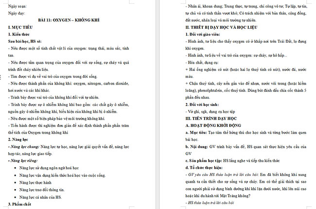 Giáo án Khoa học tự nhiên 6 Bài 11: Oxygen. Không khí