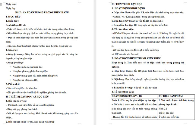 Giáo án Khoa học tự nhiên 6 Bài 2: An toàn trong phòng thực hành