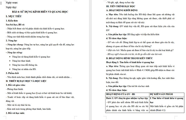 Giáo án Khoa học tự nhiên 6 Bài 4: Sử dụng kính hiển vi quang học