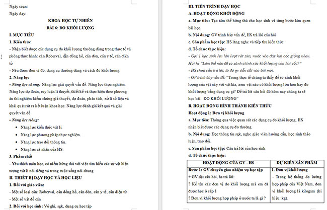 Giáo án Khoa học tự nhiên 6 Bài 6: Đo khối lượng
