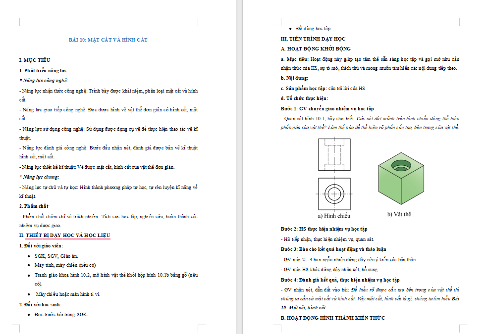 Giáo án PowerPoint Công nghệ 10 Bài 10: Mặt cắt và hình cắt