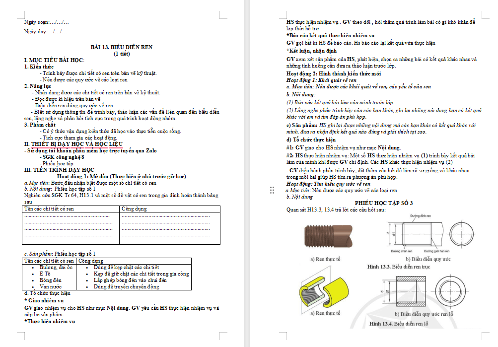 Giáo án PowerPoint Công nghệ 10 Bài 13: Biểu diễn ren
