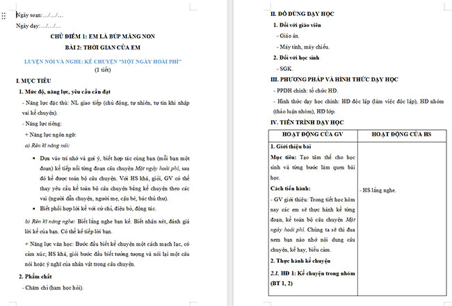 Giáo án Tiếng Việt 2 Kể chuyện đã học Một ngày hoài phí