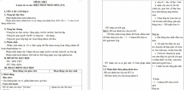 Giáo án Tiếng Việt 4 Biện pháp nhân hoá