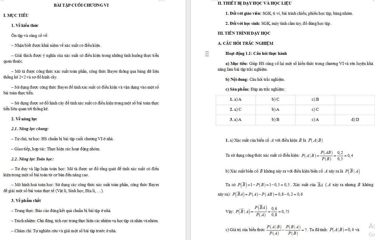 Giáo án Bài tập cuối chương VI Toán 12 Chân trời sáng tạo