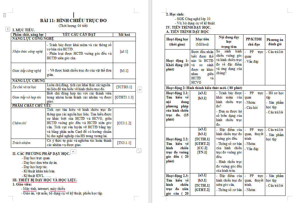 Giáo án PowerPoint Công nghệ 10 Bài 11: Hình chiếu trục đo