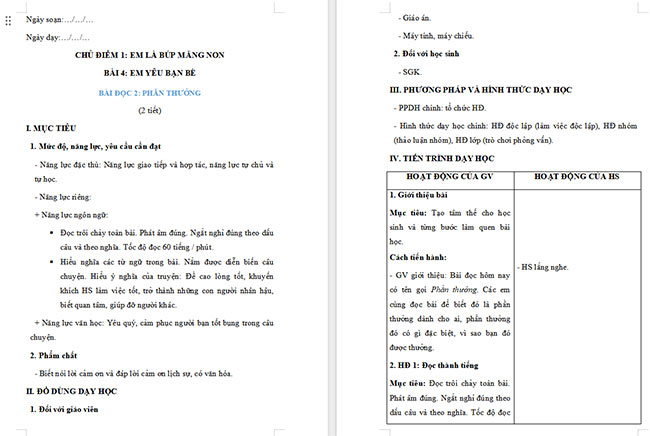 Giáo án Tiếng Việt 2 Phần thưởng