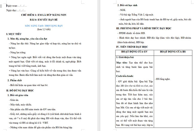 Giáo án Tiếng Việt 2 Thơ tặng bạn