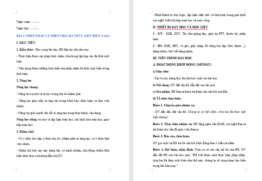 Phép nhân và phép chia đa thức một biến