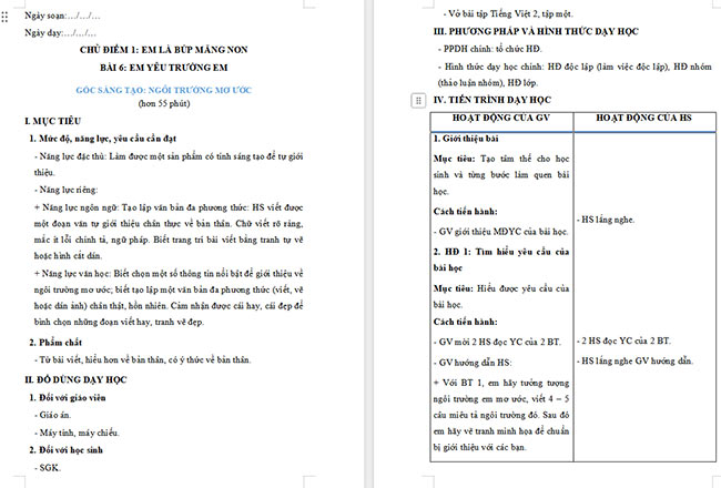 Giáo án Tiếng Việt 2 Ngôi trường mơ ước