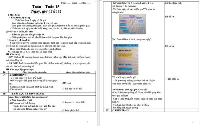 Giáo án Toán 2: Ngày, giờ