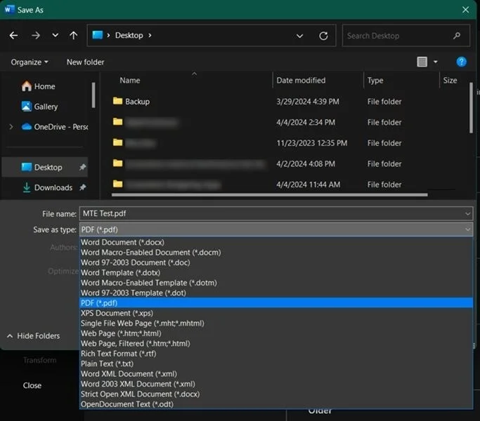 Nhấp vào menu drop-down để biết loại file, sau đó chọn PDF (*.pdf)