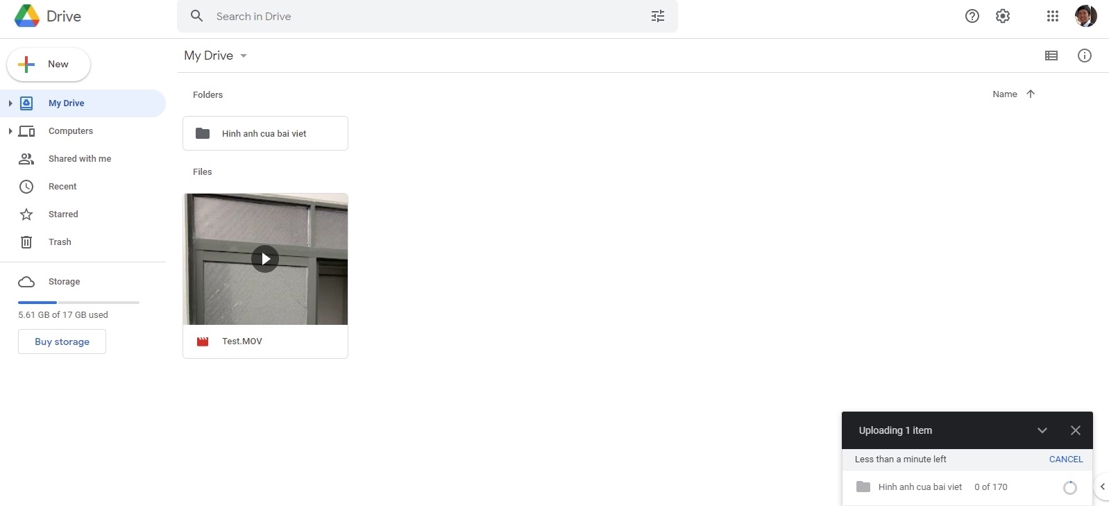 Thời gian chờ đợi tải file lên Google Drive