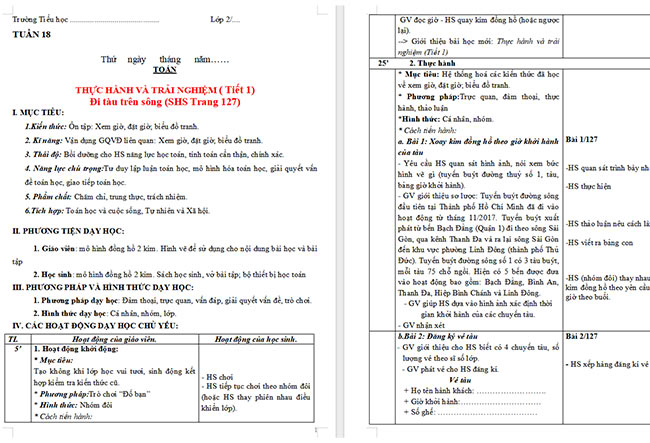 Giáo án Toán 2: Đi tàu trên sông