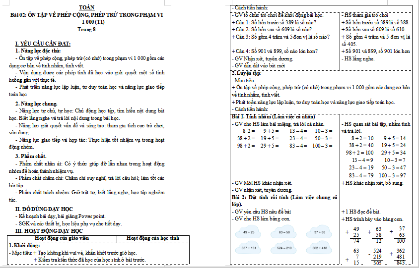 Ôn tập về phép cộng, phép trừ trong phạm vi 1000