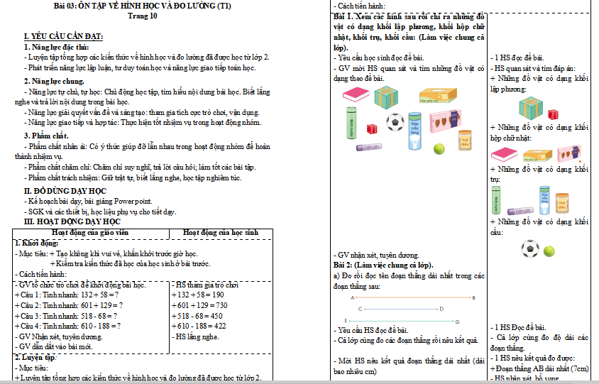 Giáo án Toán 3: Ôn tập về hình học và đo lường