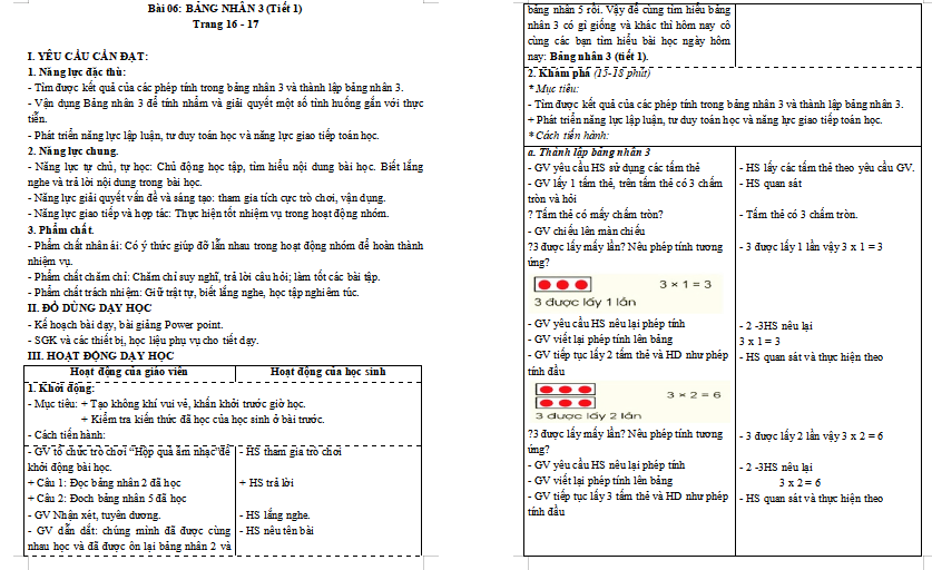 Giáo án Toán 3: Bảng nhân 3