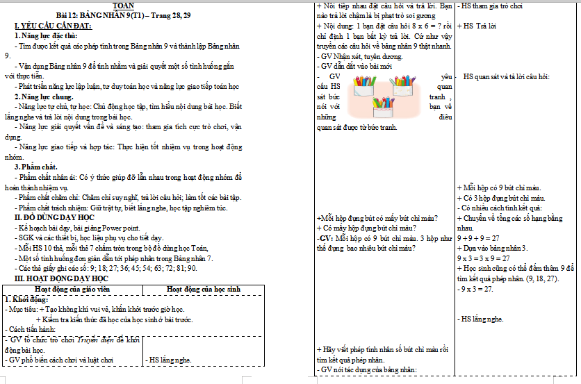 Giáo án Toán 3: Bảng nhân 9 sách Cánh Diều