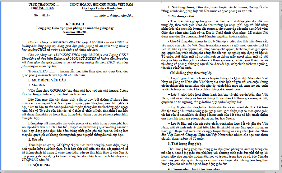 Kế hoạch tích hợp Quốc phòng an ninh THCS